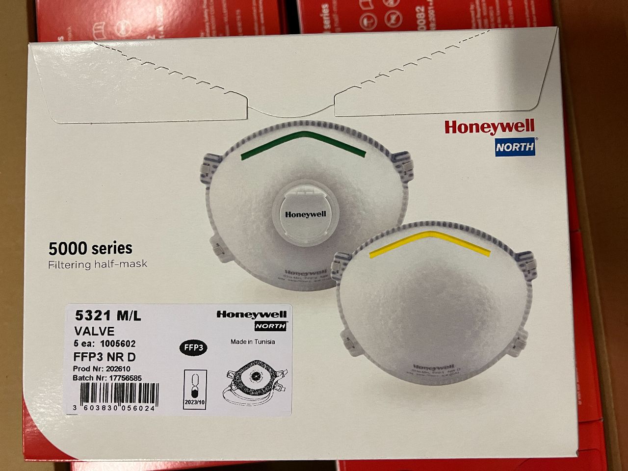 Palette Honeywell Atem-Schutzmasken (FFP3), mit Filteraufsatz; (9 Kartons - je Karton = 50 St. - Gesamt: 450 St.) - (MHD: 10/2023) - (Startpreis: 25,00 €)